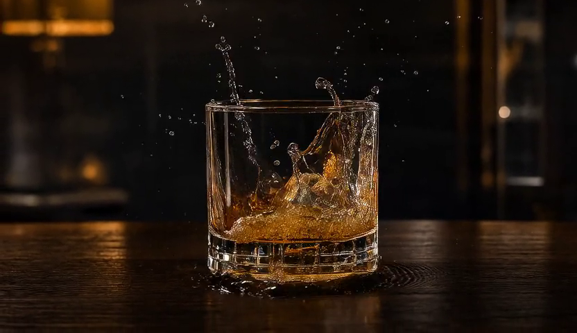A generated video frame of an ice cube splashing into a glass.